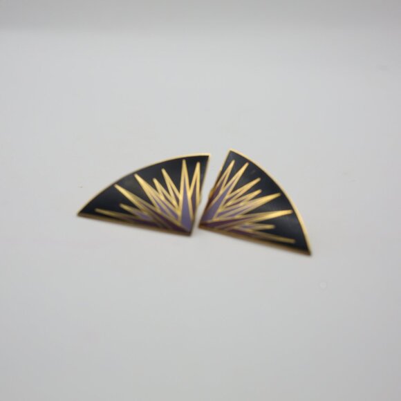 Vintage Isle of Skye Purple & Black Fan Earrings, Cloisonné Gold Plated Enamel - Picture 7 of 9